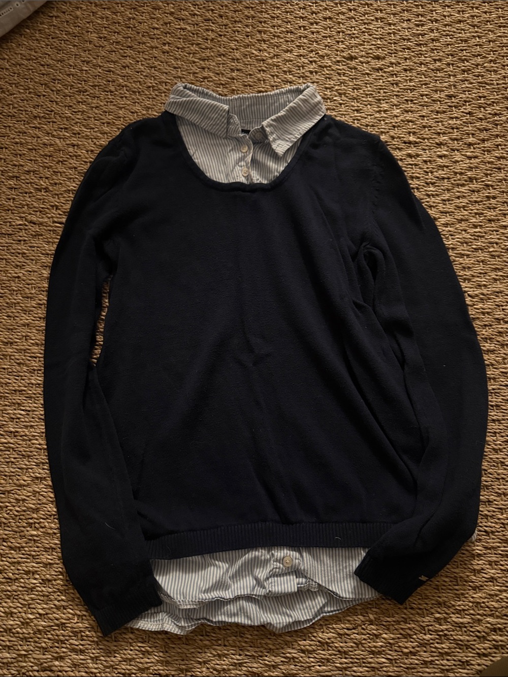 Tommy Hilfiger Navy Crewneck Sweater with Attached Striped Shirt Detail